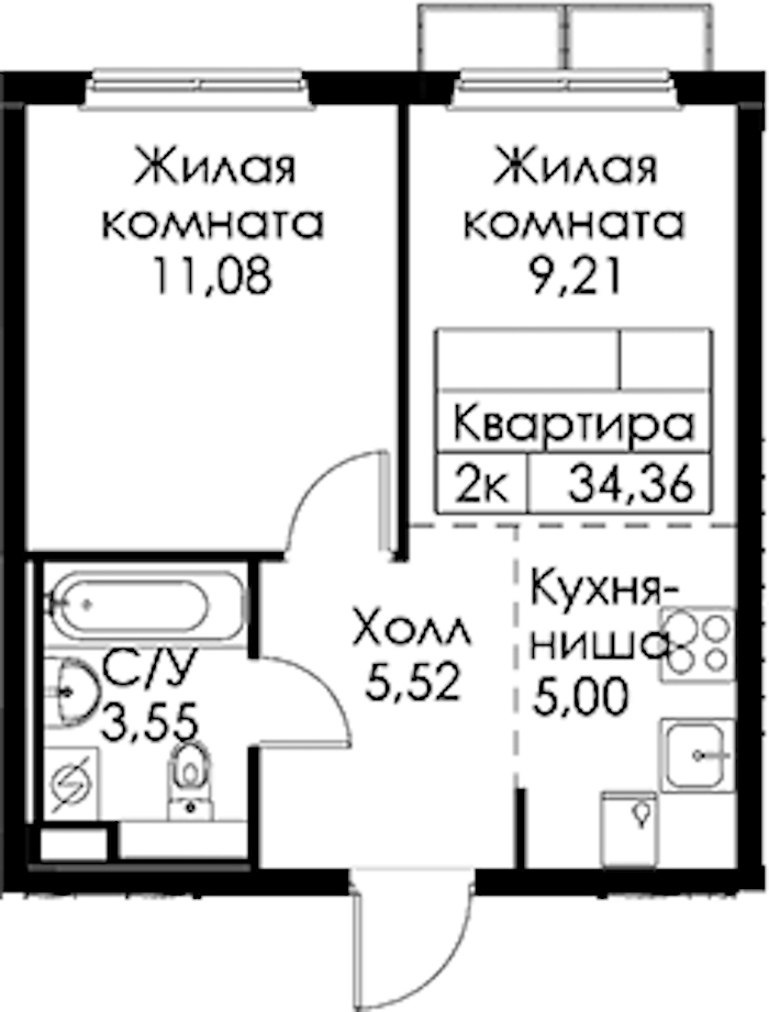 1-комнатная квартира 34.36 м², 2/15 эт., ЖК «Янинский лес»